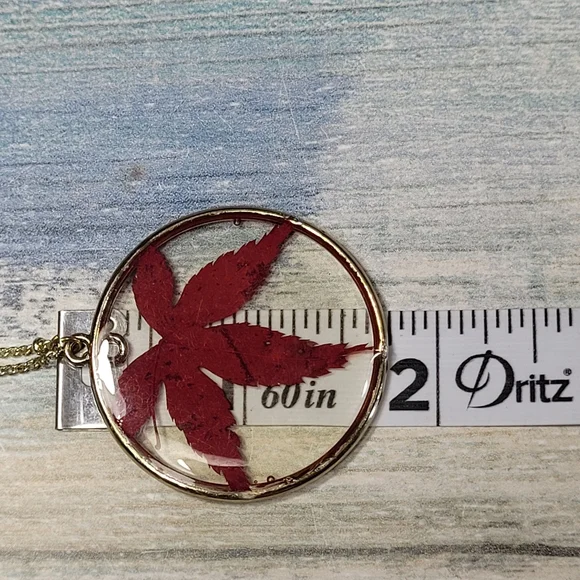 Gold Necklace with Red Leaf Pendant - Picture 5 of 7